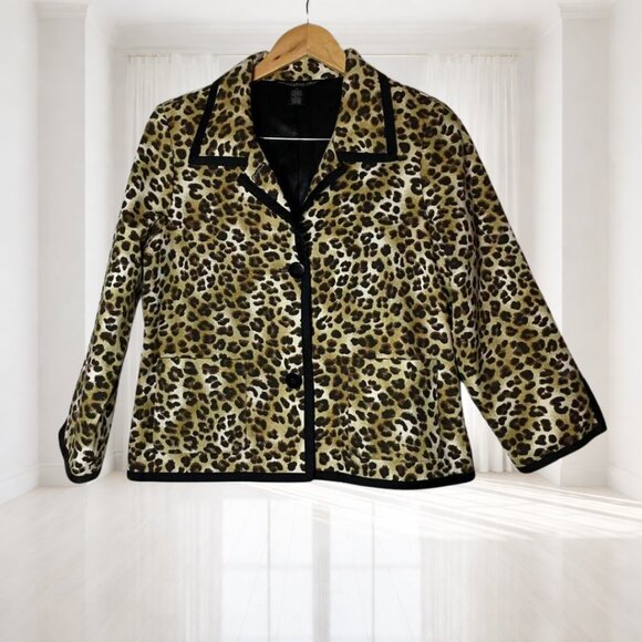 Monterey Bay Leopard Print Cotton Blazer Petite Medium Lined Animal Print Jacket - Picture 2 of 15